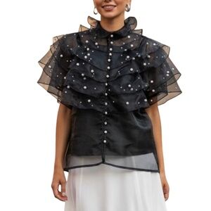 #A018  Nancy EveningGlam ModernElegance Black Organza Pearl Ruffle Blouse NWOT L